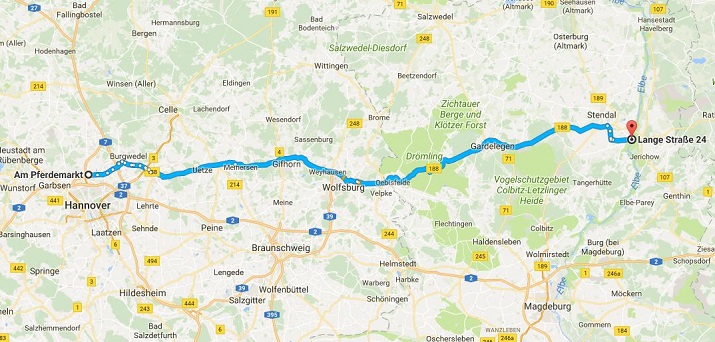 Strecke von Hannover nach Tangermünde